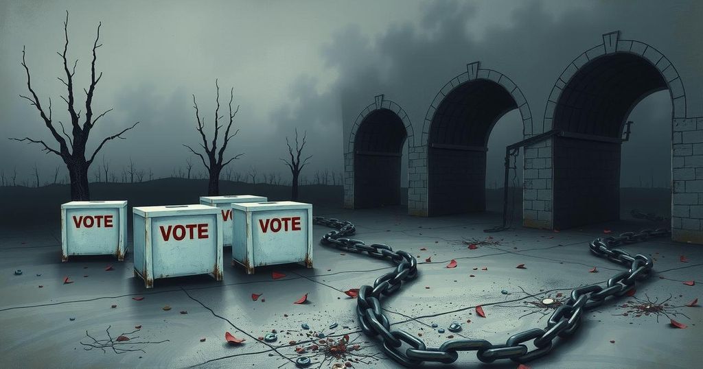 A darkened political landscape with empty ballot boxes and broken chains representing loss of democracy in Nigeria.