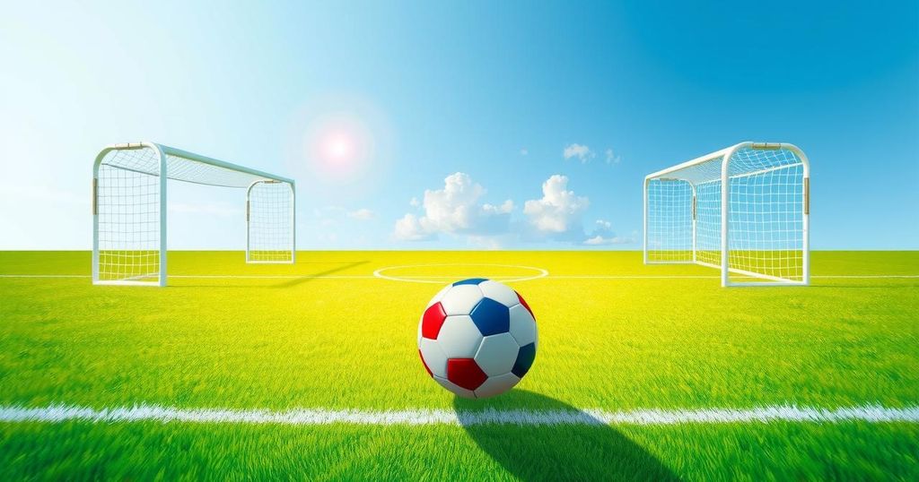 A vibrant soccer field under bright skies, showcasing goals, a ball, and colorful corner flags in a lively atmosphere.