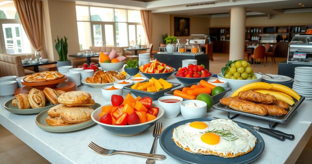A colorful buffet display featuring a variety of breakfast dishes including fruits, pastries, and vegetables.