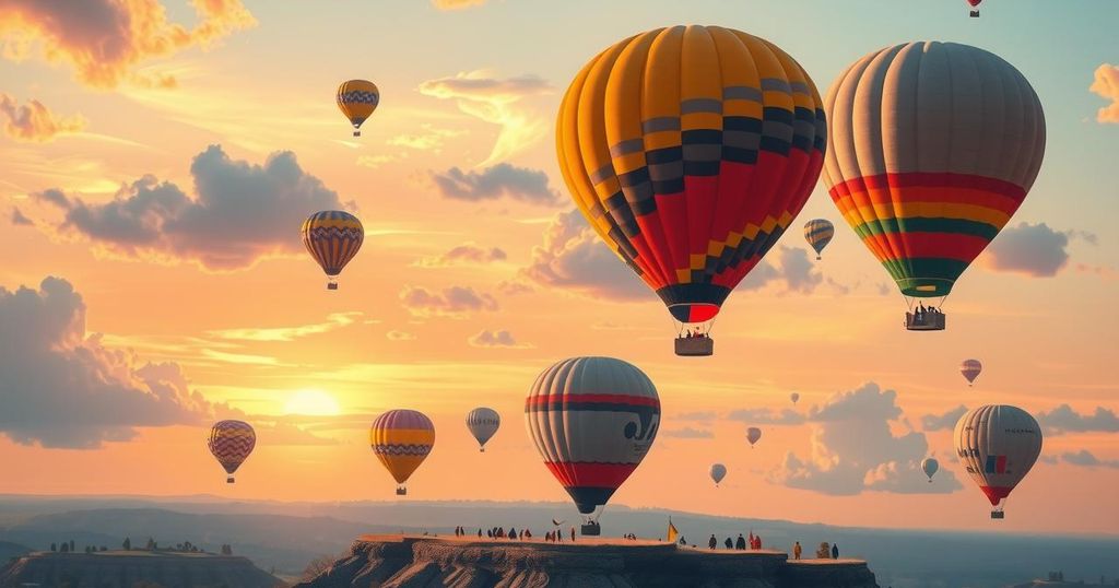 Scenic hot air balloons soaring over a vibrant landscape at sunset, filled with warm colors and soft clouds.