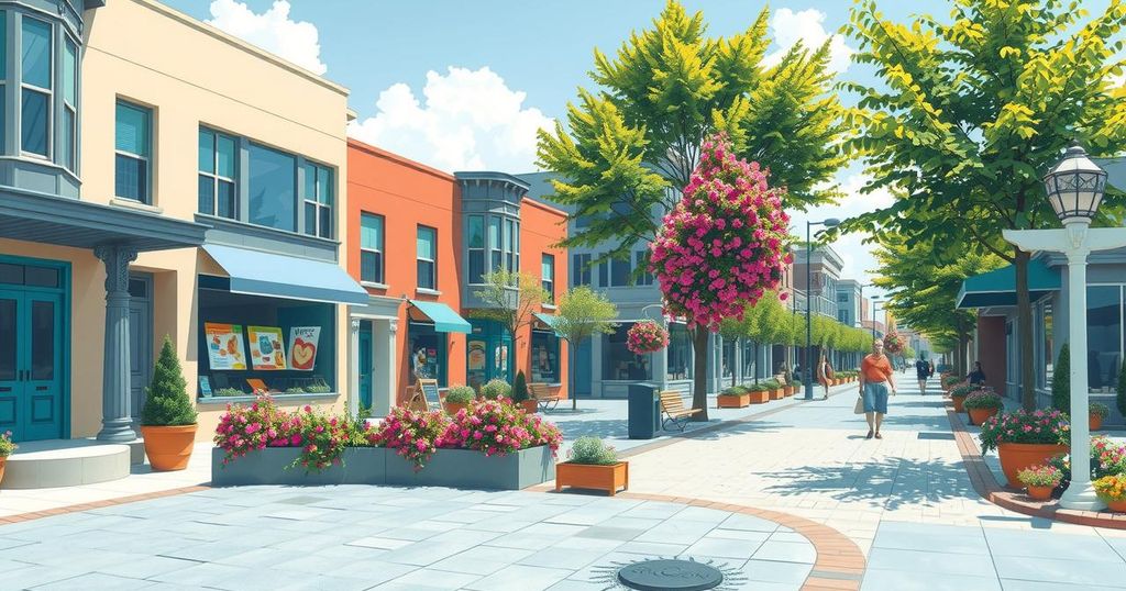 An urban plaza scene with inviting architecture and vibrant colors, depicting a peaceful community atmosphere.
