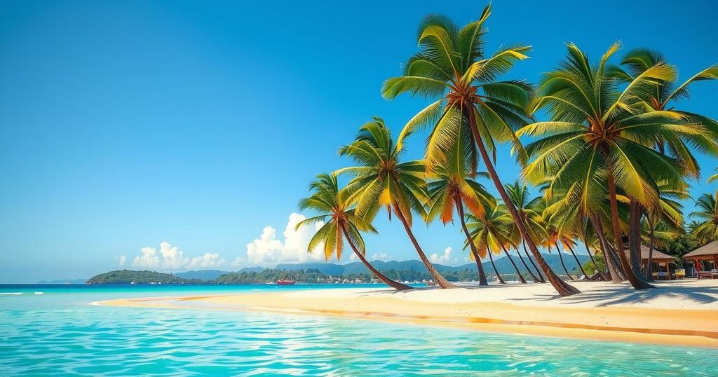 Vibrant beach view of Brazil's coast, featuring palm trees and sandy shores, showcasing bright summer colors.