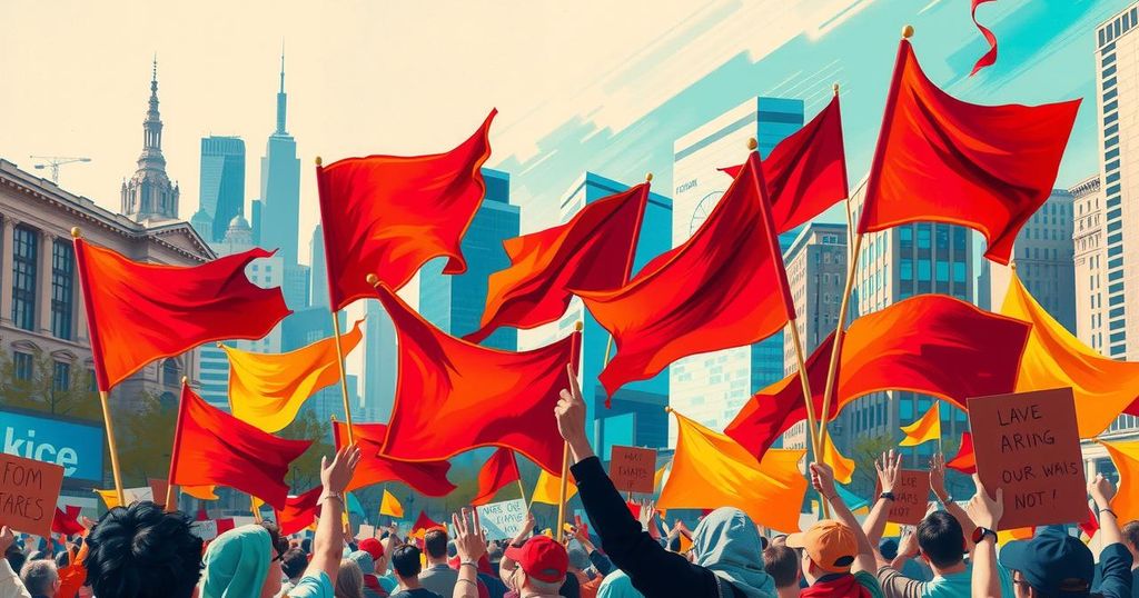 Vibrant cityscape depicting a protest scene with colorful banners and strong emotions, illustrated in a dynamic style.