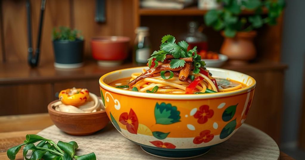 A vibrant bowl of bun moc with herbs, scallions, and pickled chili garlic, showcasing authentic Vietnamese cuisine.