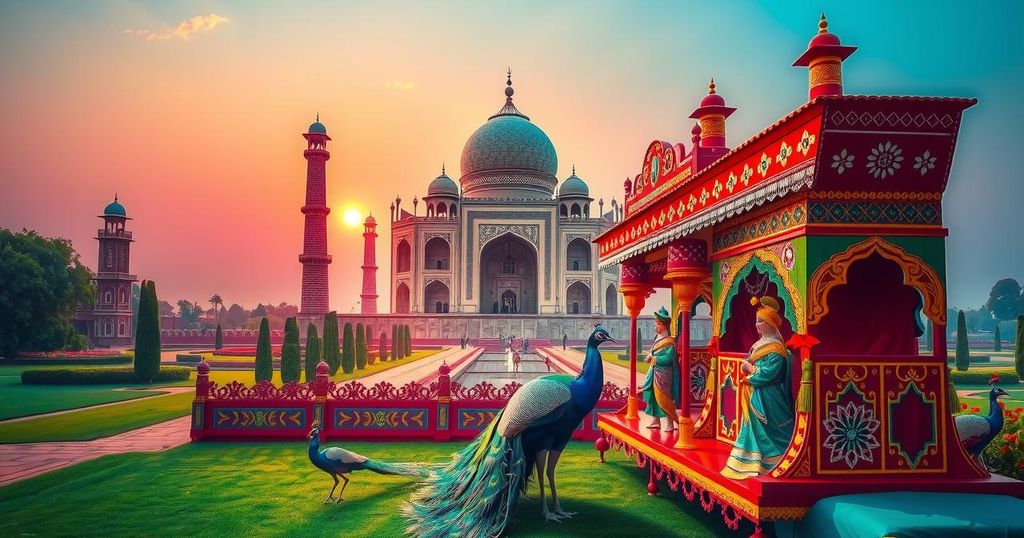 Colorful depiction of Taj Mahal in sunrise, lush gardens, peacocks, and a traditional puppet show scene.