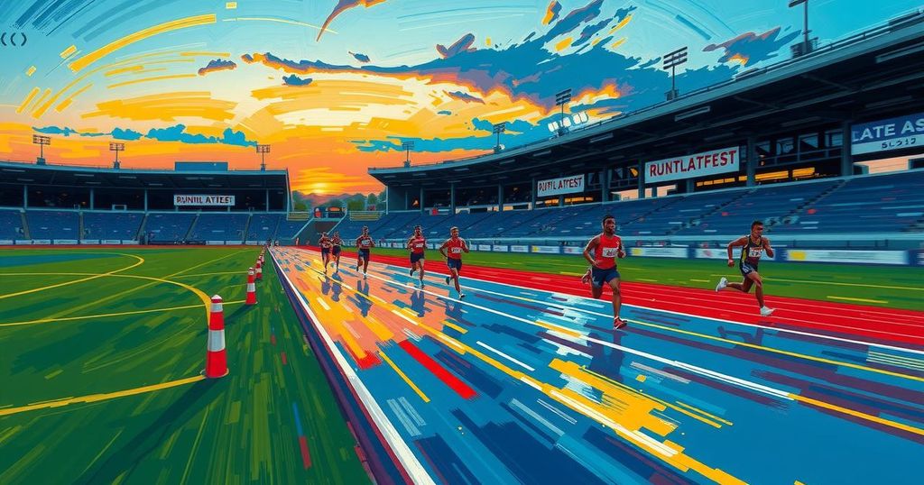 Dynamic racing scene at dusk with a vibrant track, showcasing the exhilarating speed of athletes in motion.