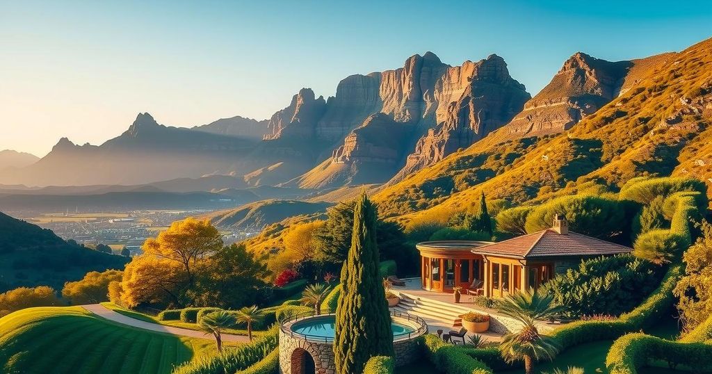 A scenic view of South Africa's Table Mountain with lush surroundings and luxury accommodations.