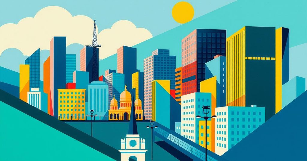 Colorful cityscape representation of Polish centrist politics with abstract geometric shapes and a vibrant color scheme.