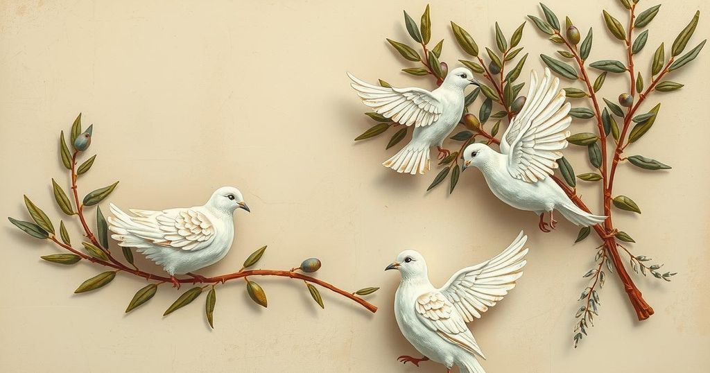Abstract representation of peace negotiations with olive branches and doves against a muted earth-tone background.