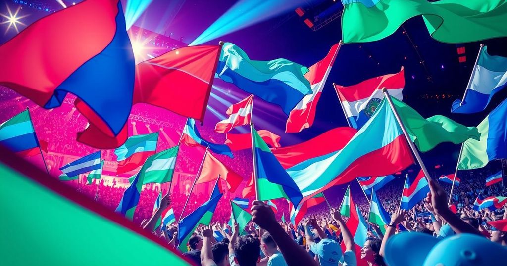 A vibrant scene capturing flags being waved at a concert, infused with bright colors and a celebratory atmosphere.