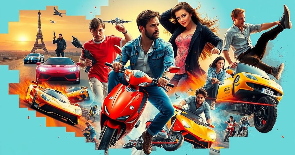 Action movie genre slate featuring dynamic scenes of thrillers and comedies with vibrant colors on display.