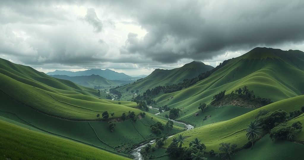 A tranquil landscape of a lush Colombian region, marked by heavy rain clouds and flowing streams surrounded by hills.