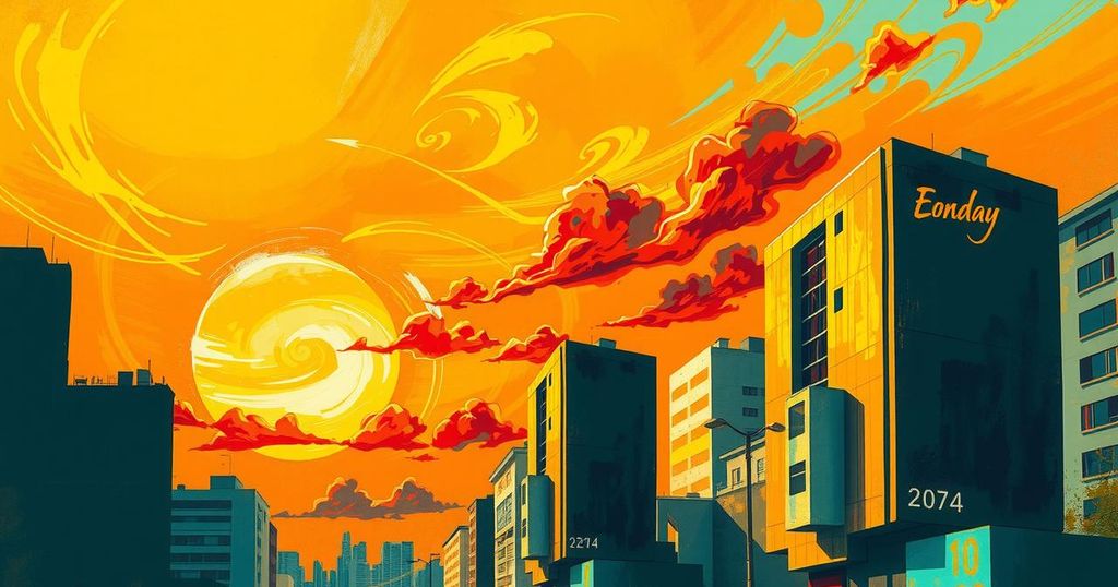 Vibrant scene depicting a sun-drenched cityscape with dramatic skies and abstract urban elements.