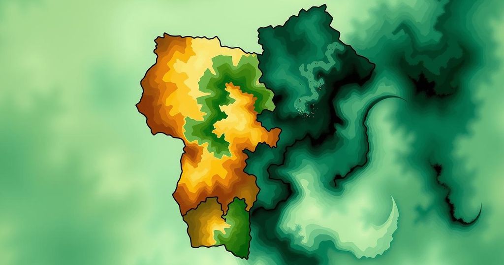 An abstract representation of peace and hope, featuring two overlapping maps of Congo and Rwanda in soft hues.