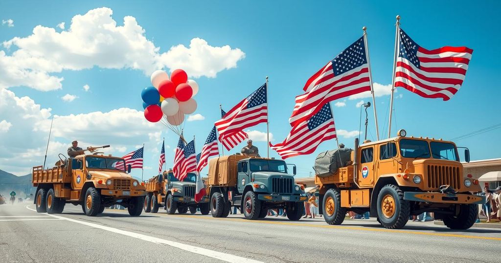 A vibrant parade scene with military vehicles and flags, showcasing a joyful atmosphere of celebration.