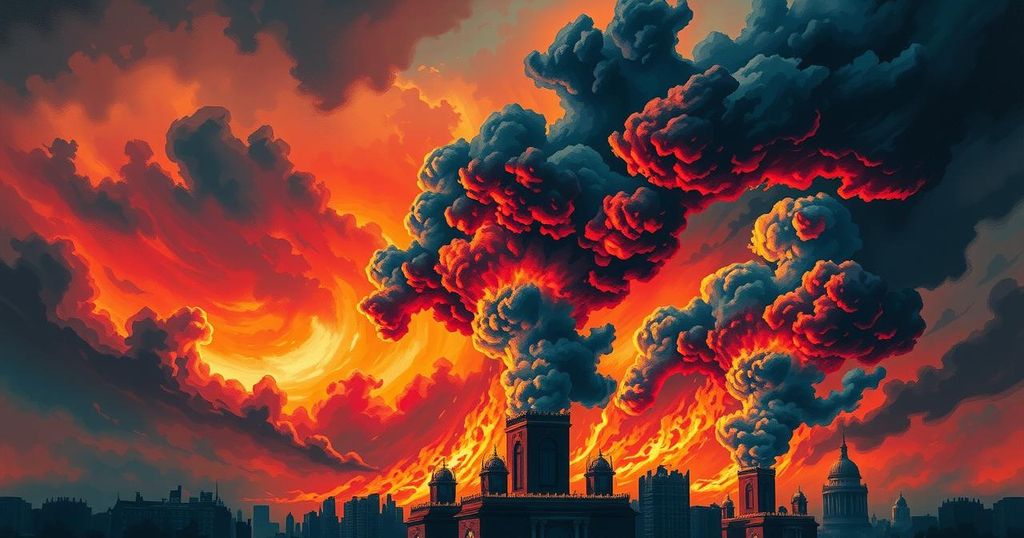 A dramatic landscape showing a fiery skyline and stormy clouds, symbolizing conflict and tension in the Middle East.