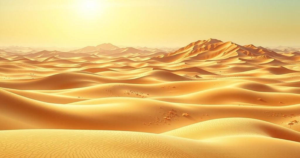 Vast desert under a bright sun, showcasing sandy dunes and a clear blue sky, capturing the essence of a heatwave.