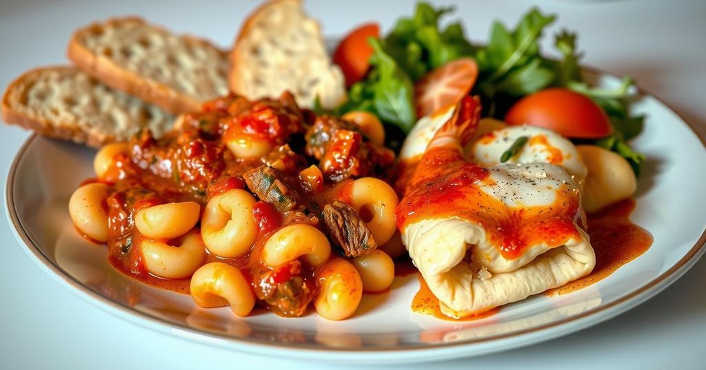 A delicious Italian pasta meal featuring gnocchi with meat sauce and shrimp manicotti with cheese.