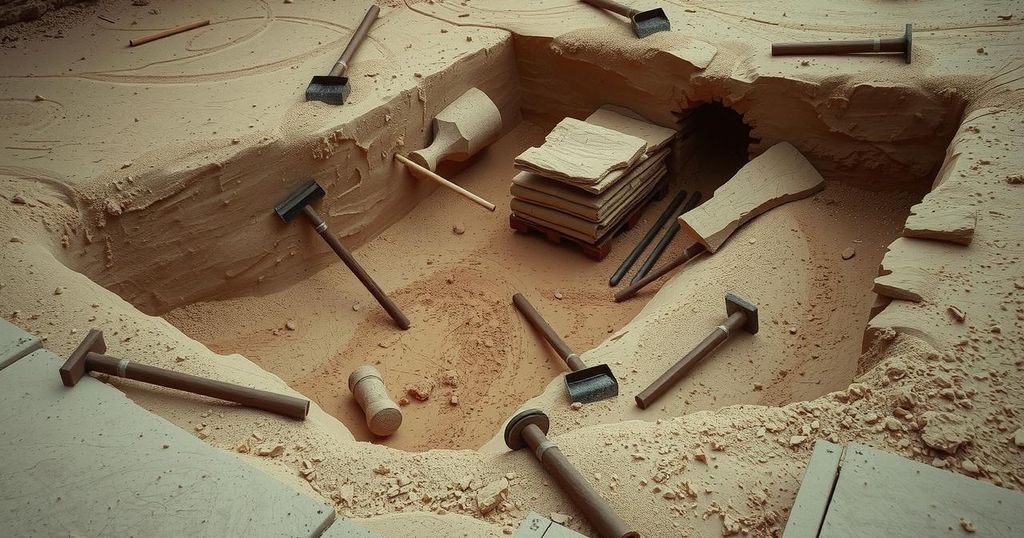 A somber scene of an excavated sand pit, surrounded by tools, symbolizing the tragedy during sand mining.