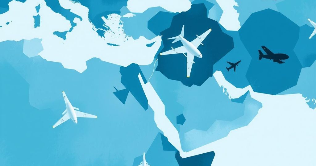 Turbulent Middle East relations illustrated with abstract blue and gray map and military-themed elements.