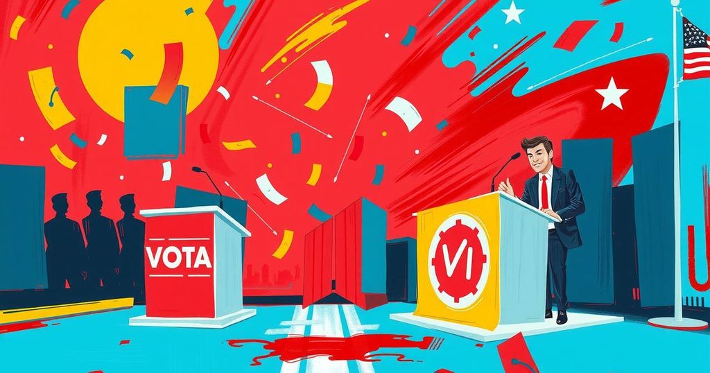 A political debate scene with symbolic elements representing election dates and party dynamics in a vibrant color scheme.