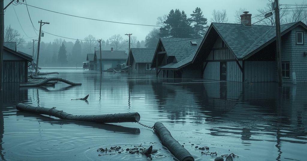Flooded landscape in a town, with debris and water covering buildings, conveying the impact of heavy rainfall.