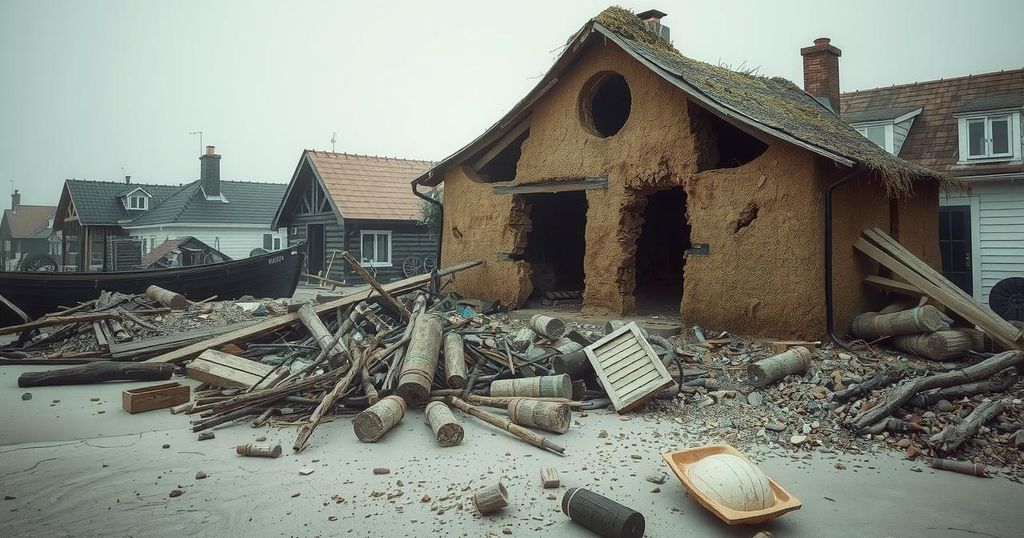 Collapsed mud house in a fishing community, debris and salvage efforts amid community support.