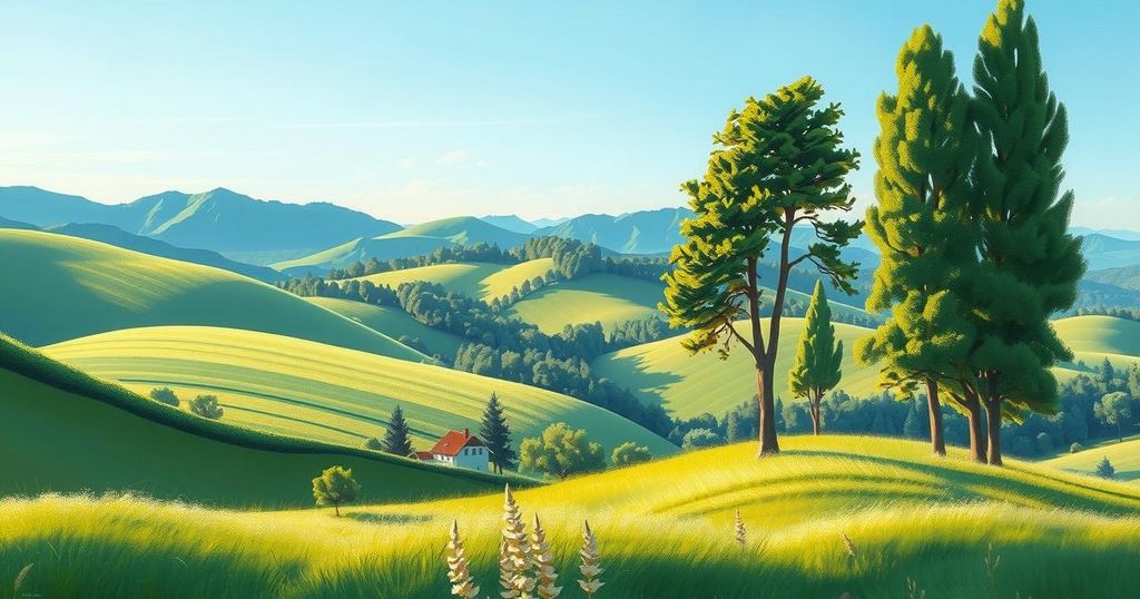 A serene landscape with rolling hills and trees under a clear blue sky, reflecting tranquility and nature's beauty.