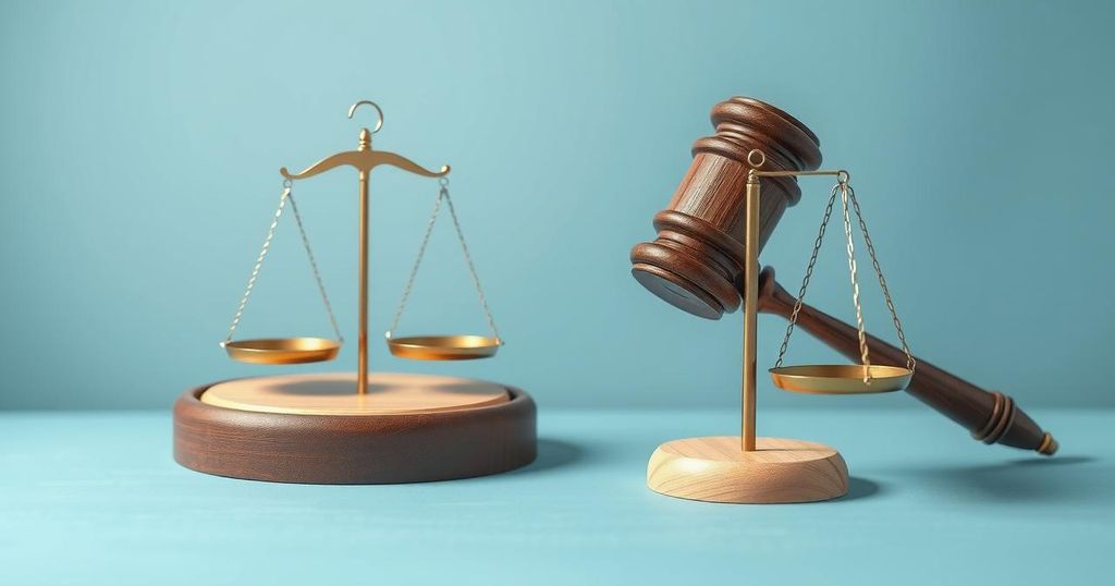 A symbolic representation of justice and law reform in Vietnam with a gavel and scales, using a calming blue color scheme.