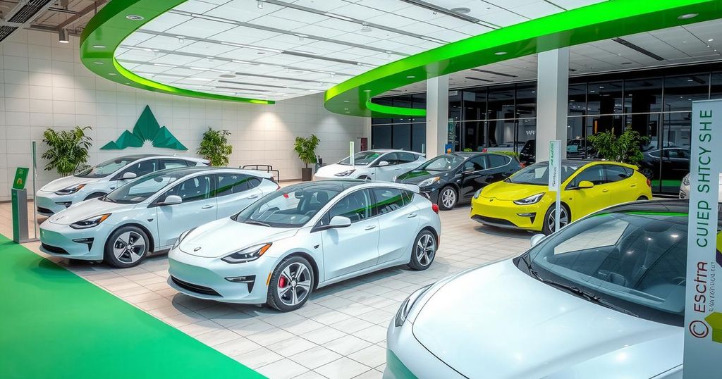 Electric vehicle dealership showcasing diverse electric models in a modern showroom with green decor and bright lighting.