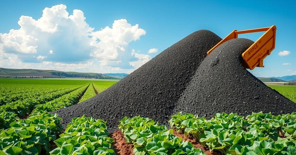 Crushed basalt rock scattered across a lush agricultural field under a bright sky to symbolize climate action.