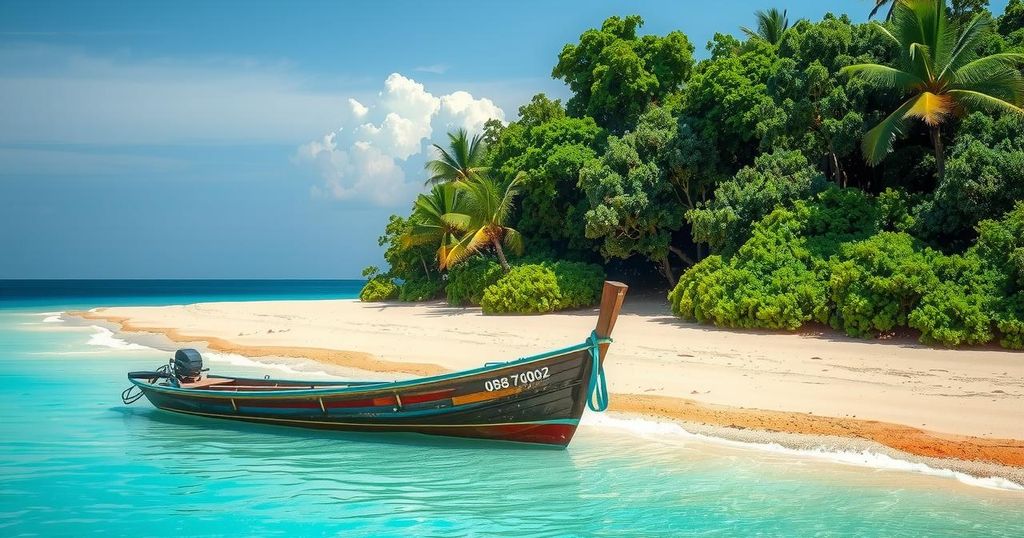 A grounded boat on a tranquil Caribbean beach, surrounded by tropical foliage and calm waters, under a clear sky.