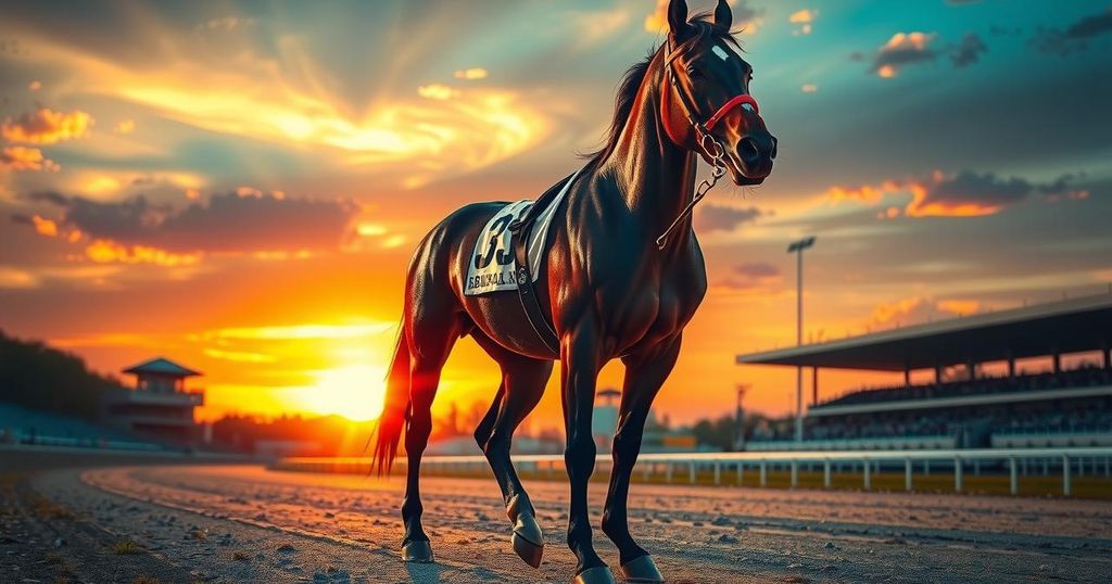 Silhouetted horse on racetrack at sunset, reflecting determination and speed, in warm golden and deep blue hues.
