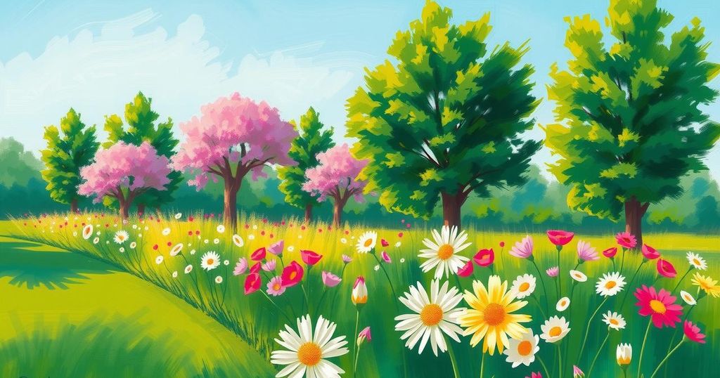 A serene landscape depicting a sunlit park with vibrant green grass and colorful flowers under a bright blue sky.