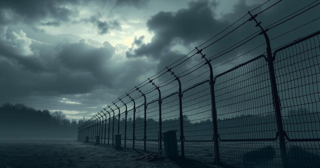 Prison landscape with barbed wire, dark skies, and ominous shadows, representing tension and fear in correctional facilities.