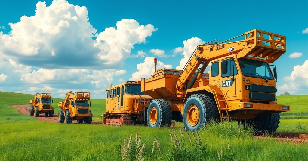 A vibrant landscape depicting military construction equipment working in a lush green region under a bright blue sky.