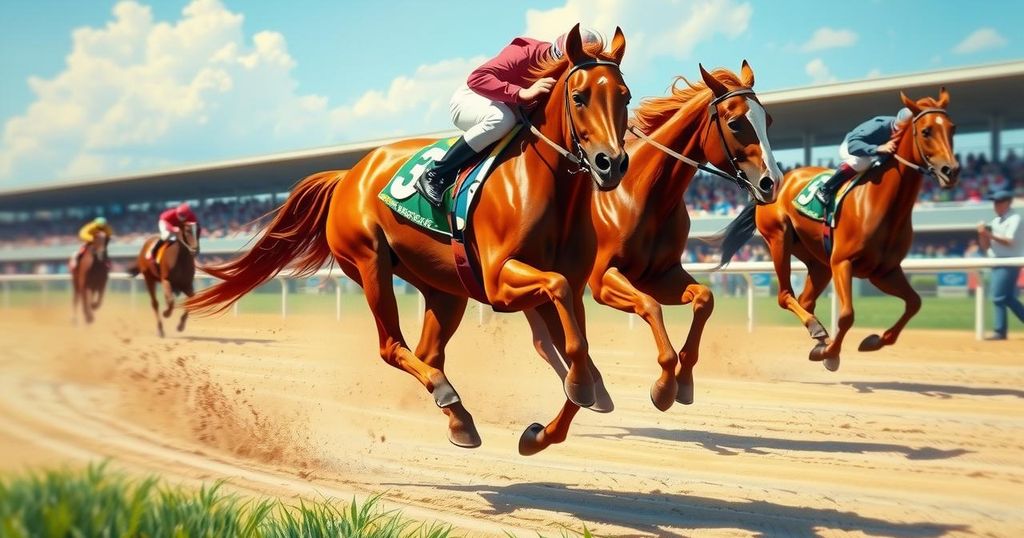 A powerful chestnut horse racing down a dirt track with blurred jockey and colorful silks, representing a thrilling horse race.