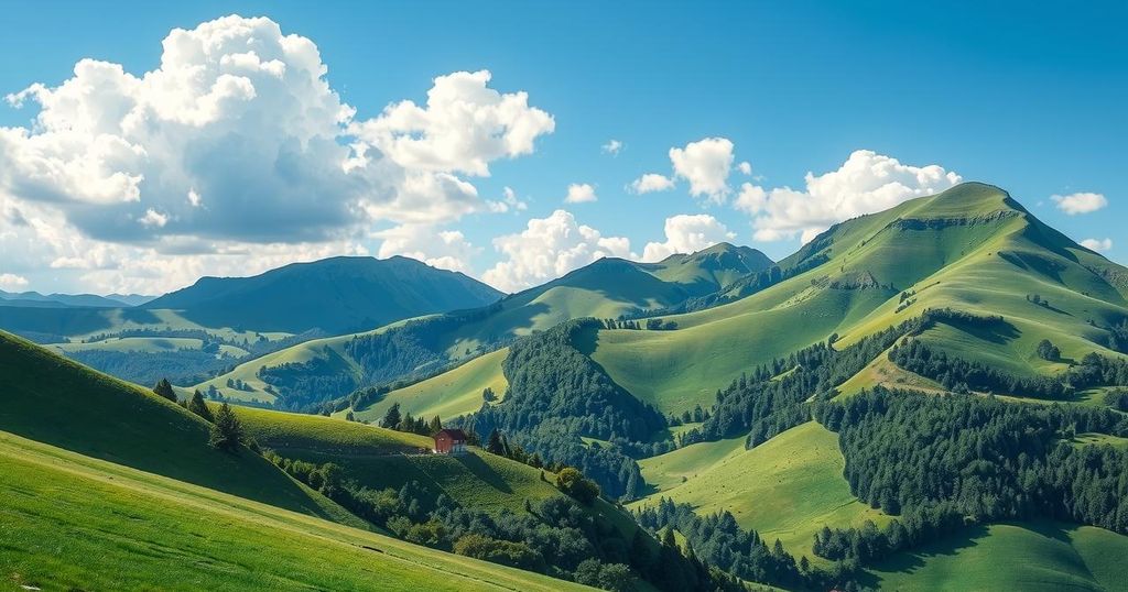 A tranquil scene of a natural landscape with mountains and a clear blue sky, emphasizing tranquility and beauty.