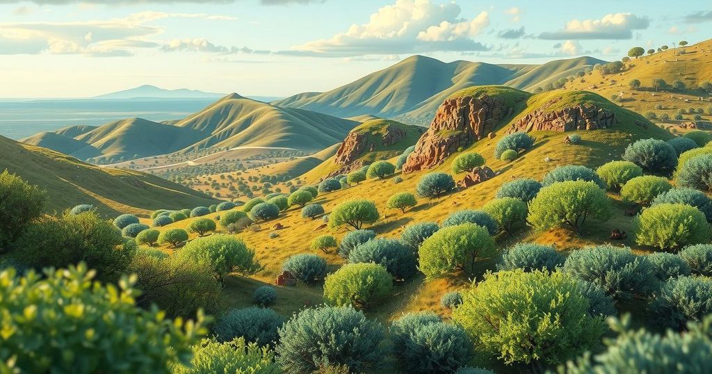 A lush landscape depicting the habitat of Corvus edithae, emphasizing rich greens and earthy tones, in a conservation illustration.
