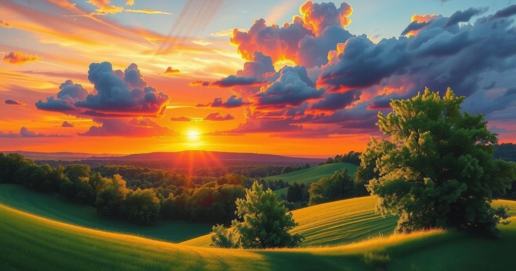 A lush green landscape in Missouri under a vibrant sunset sky with storm clouds, reflecting nature's beauty.