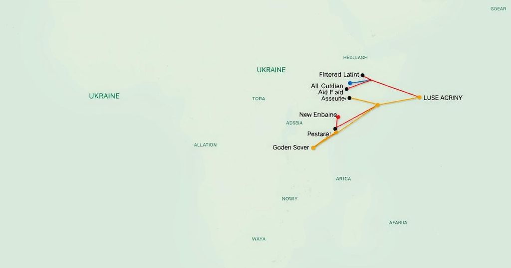 A map of Africa highlighting Ukraine’s new embassies and food aid routes in soft color tones, illustrating global diplomacy efforts.