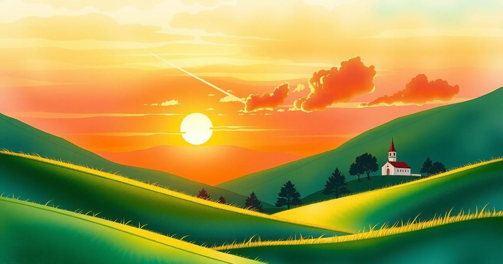 A serene landscape depicting a lush green valley with a church silhouette against the sky, symbolizing hope and peace.