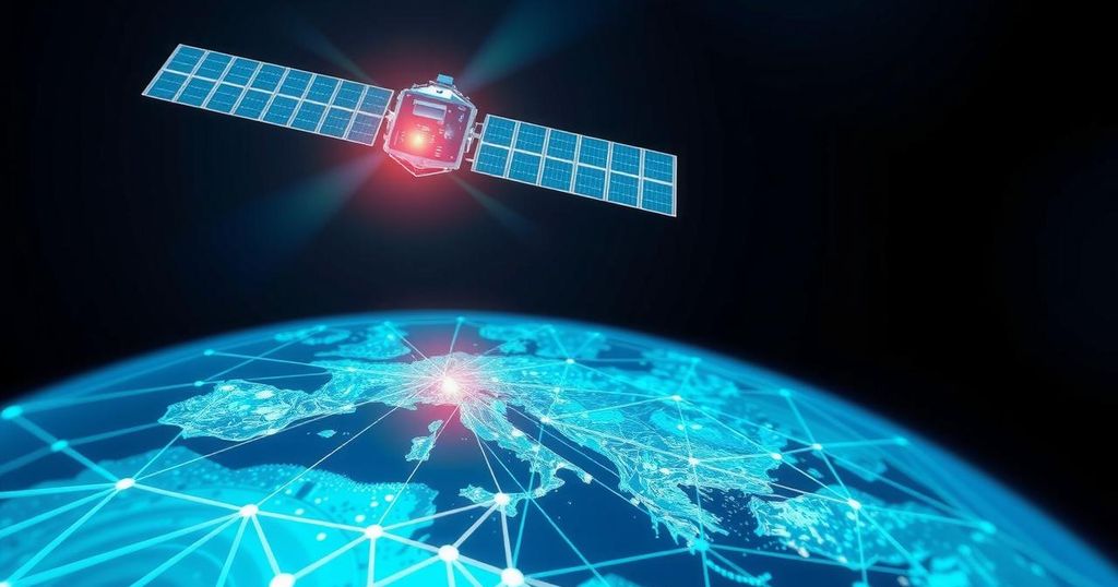 A satellite orbiting Earth providing internet connection above a map of Lebanon with technological elements.