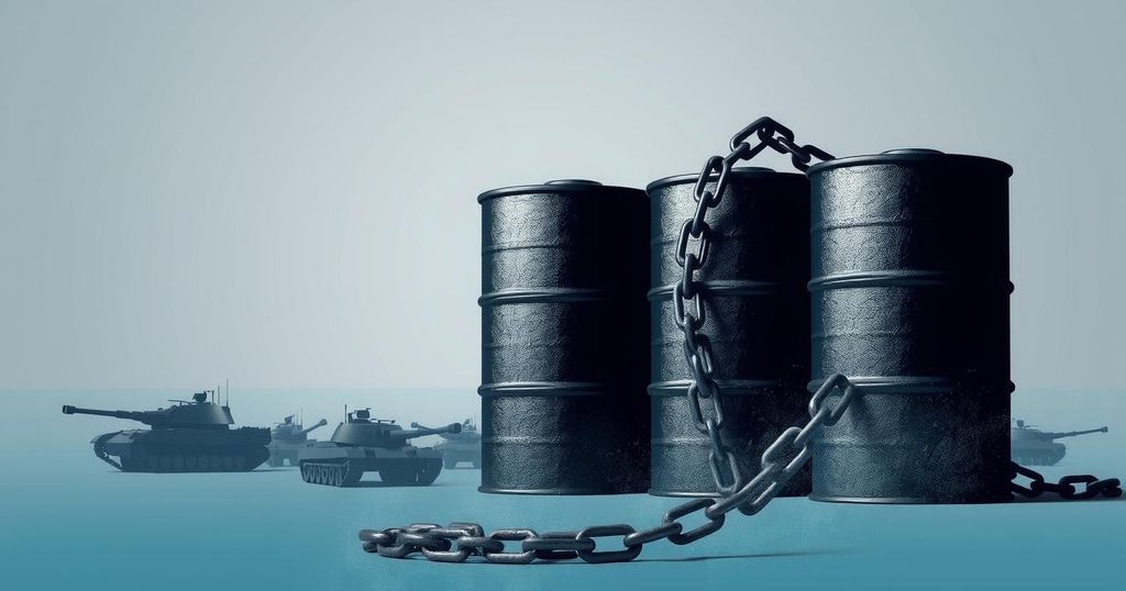 Sanctions symbolizing economic pressure: chains, oil barrels, and silhouettes of tanks, set against a grey-blue background.