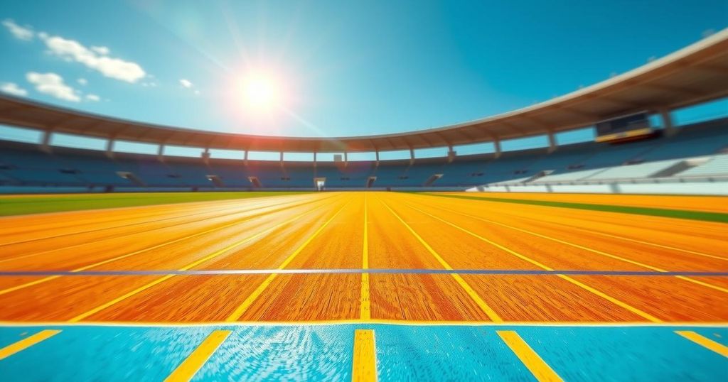 A vibrant track scene featuring a golden track oval under bright blue skies with a blurred finish line in the distance.