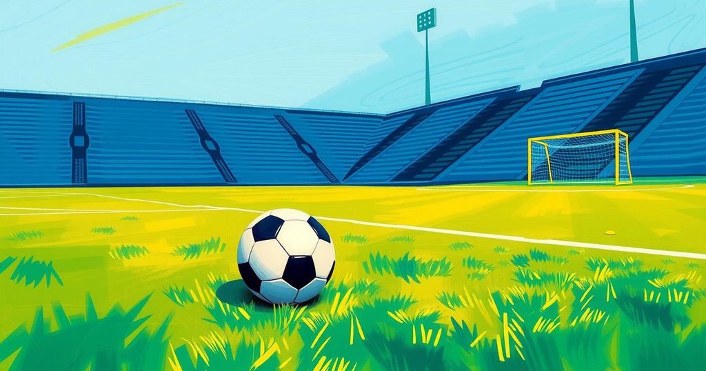 A vibrant soccer landscape featuring a soccer field and a ball, infused with a blue and yellow color scheme.