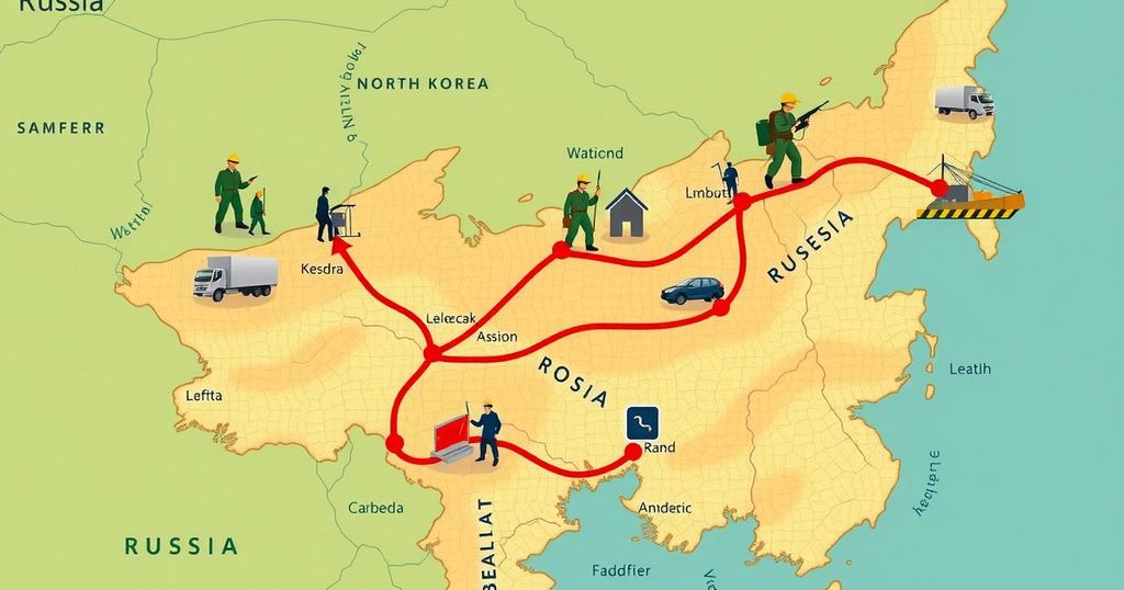 A map highlighting routes from North Korea to Russia, showcasing military and construction themes.