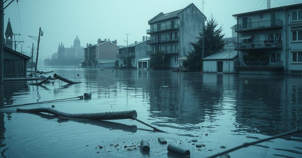 Flooded urban area with submerged buildings and debris, capturing the impact of torrential rain in a city environment.