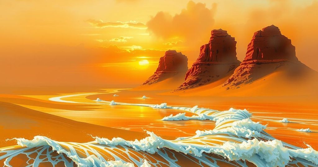 A surreal landscape depicting hot, humid weather with strong winds and rising waves, showcasing a desert scene.