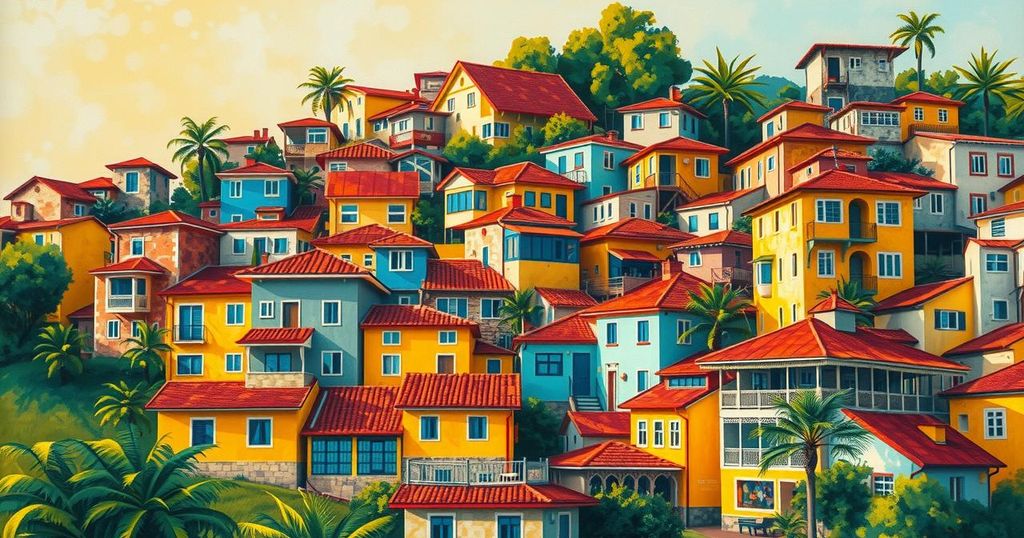 A vibrant depiction of a favela in Brazil with colorful houses and warm weather elements.